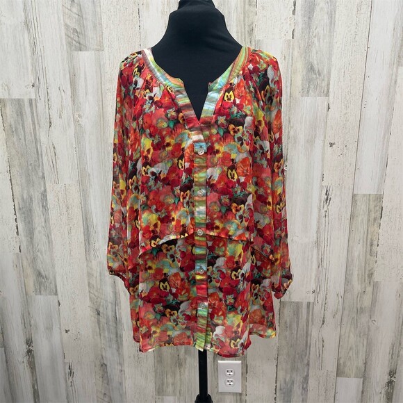 Figueroa & Flower Tops - Figueroa & Flower Sheer Tunic Blouse Womens Sz M Multicolor Floral Sheer Button